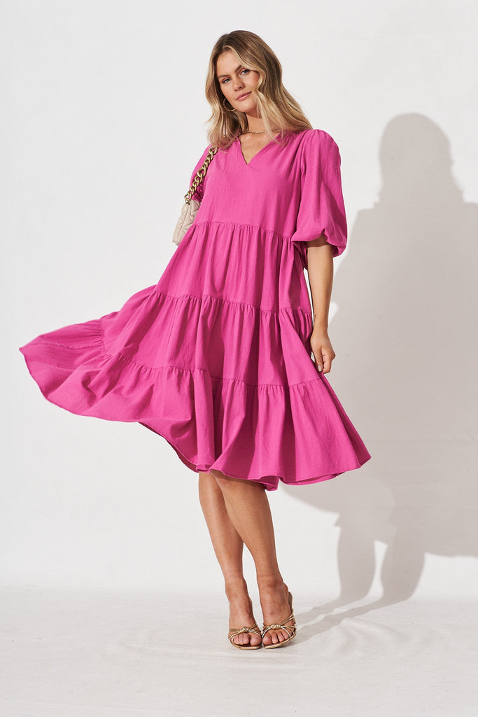 Kehlana Tiered Midi Dress In Magenta Cotton - full length
