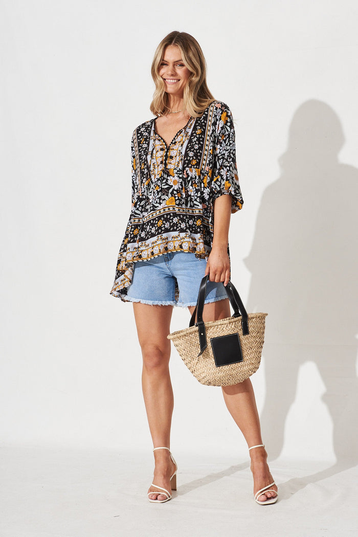 Curtis Top in Black Boho Floral - Full Length