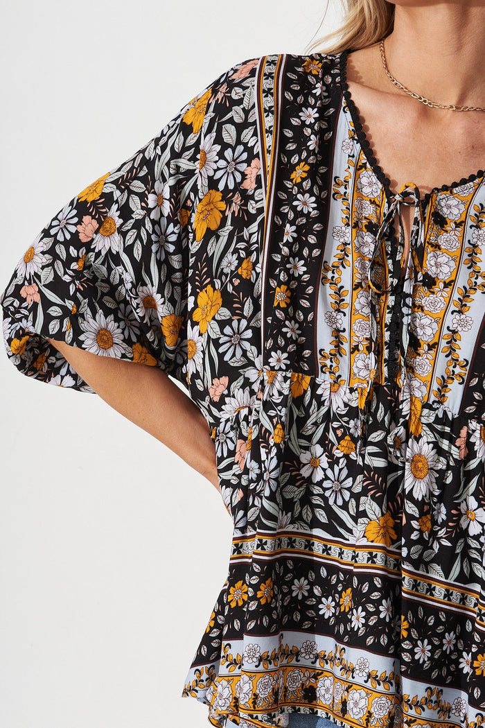 Curtis Top in Black Boho Floral - detail