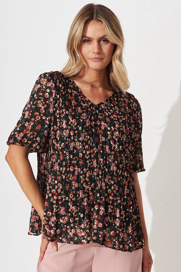Katie Top In Black Multi Floral Chiffon - Front