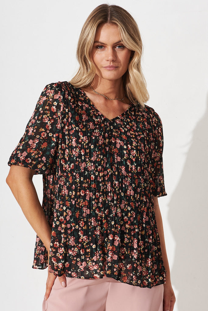 Katie Top In Black Multi Floral Chiffon - Front