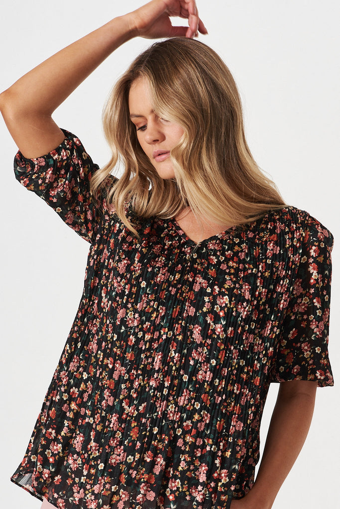Katie Top In Black Multi Floral Chiffon - front