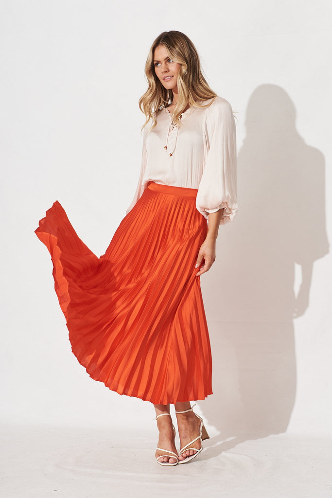 Allie Midi Pleat Skirt In Tangerine Satin - St Frock (Dev)