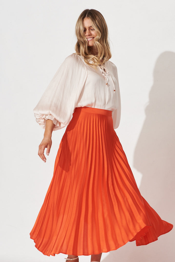 Allie Midi Pleat Skirt In Tangerine Satin - St Frock (Dev)
