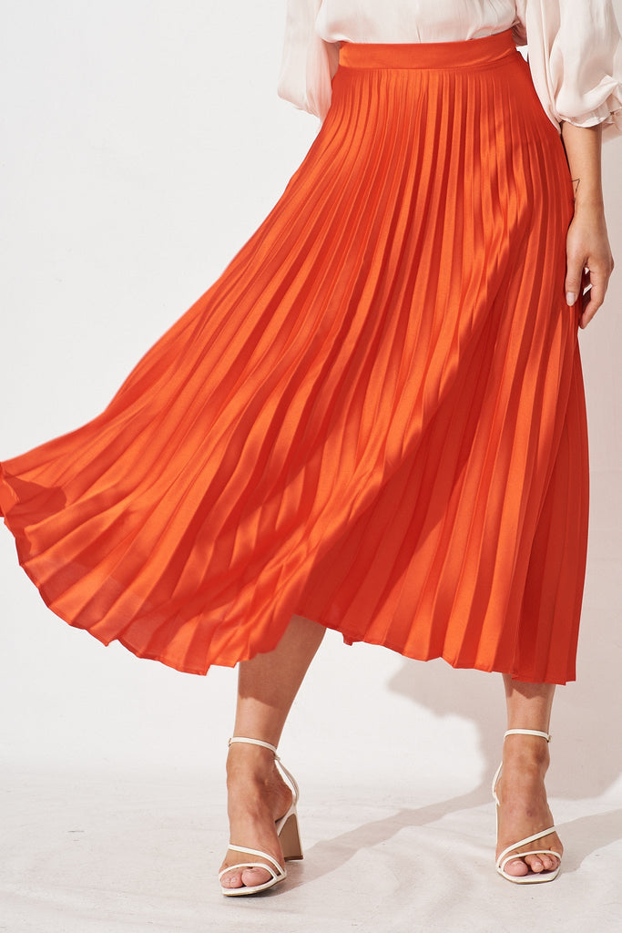Allie Midi Pleat Skirt In Tangerine Satin - St Frock (Dev)