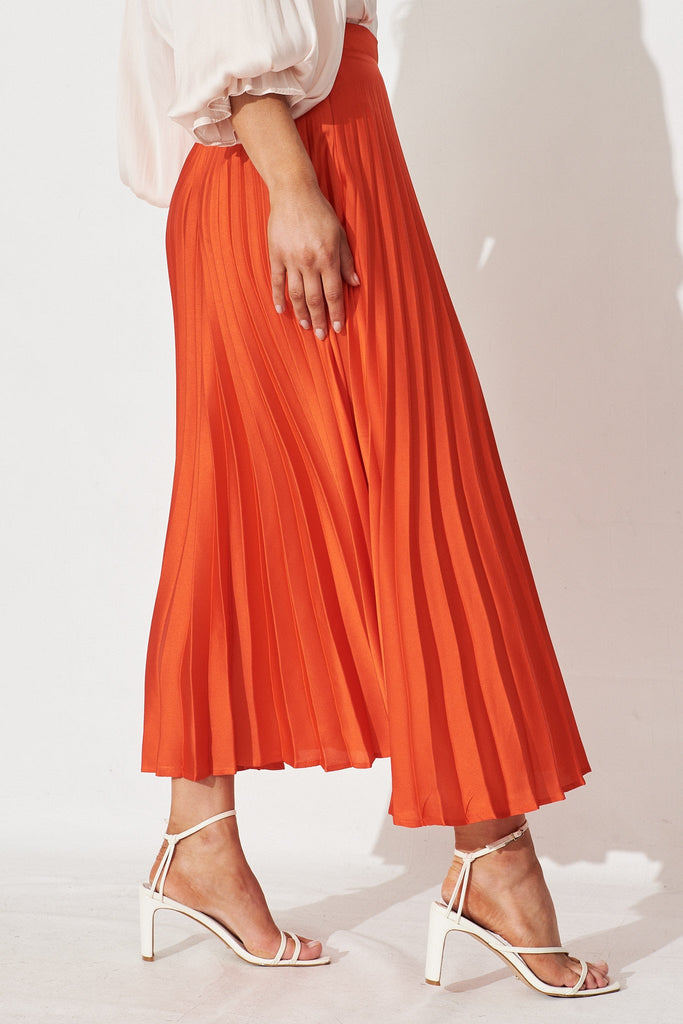 Allie Midi Pleat Skirt In Tangerine Satin - St Frock (Dev)