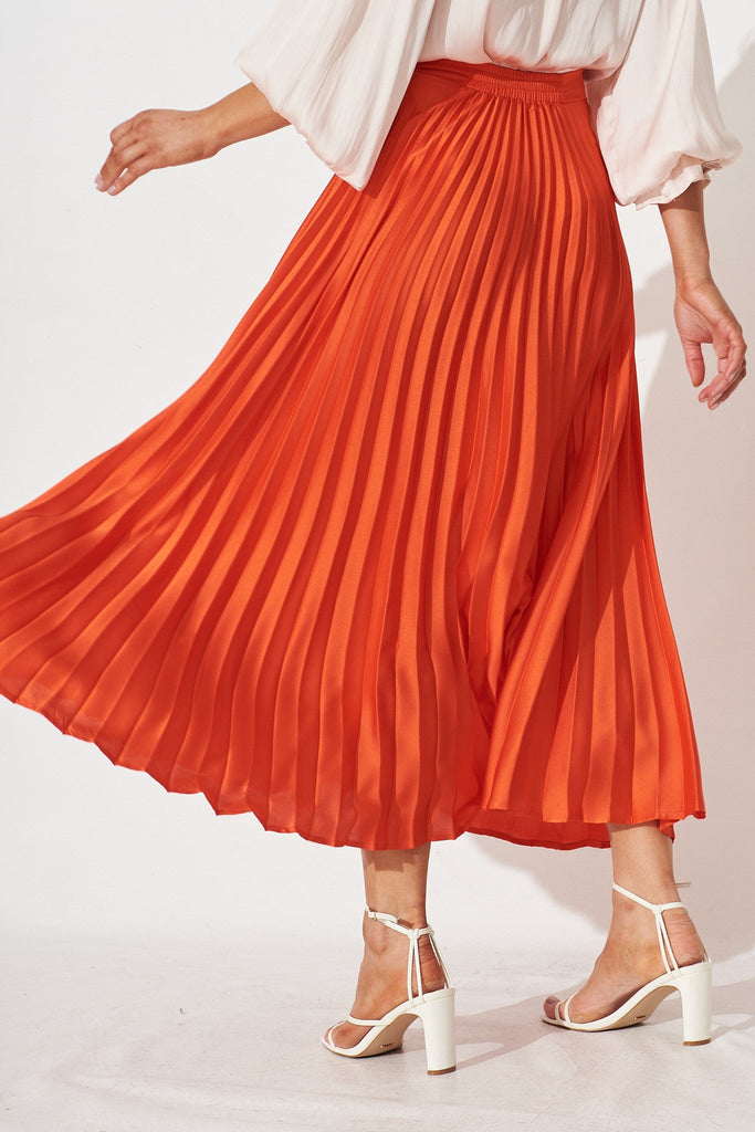 Allie Midi Pleat Skirt In Tangerine Satin - St Frock (Dev)