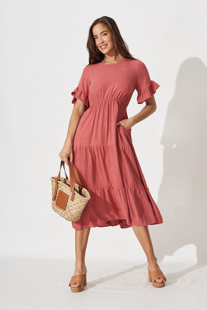 Karie Midi Dress In Dusty Rose Linen Blend - full length
