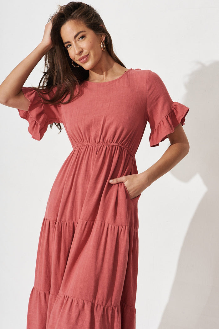 Karie Midi Dress In Dusty Rose Linen Blend - front