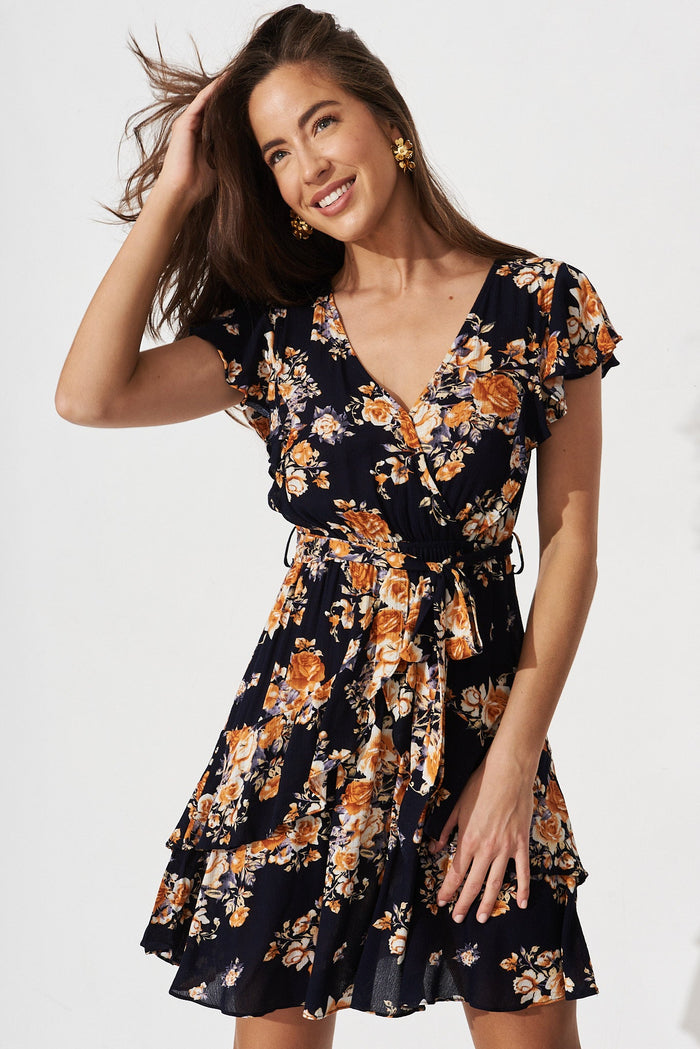 Nori Dress in Navy with Orange Floral - front
