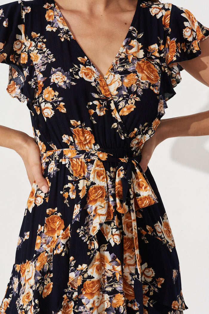 Nori Dress in Navy with Orange Floral - detail