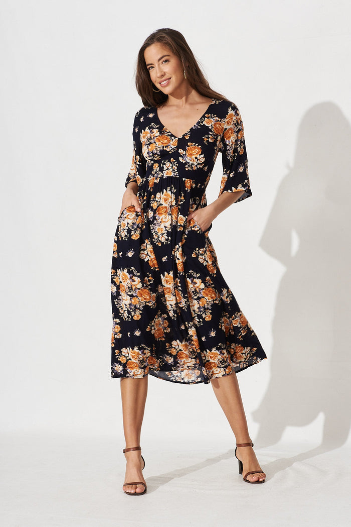 Aviva Midi Dress In Navy With Orange Floral - St Frock (Dev)