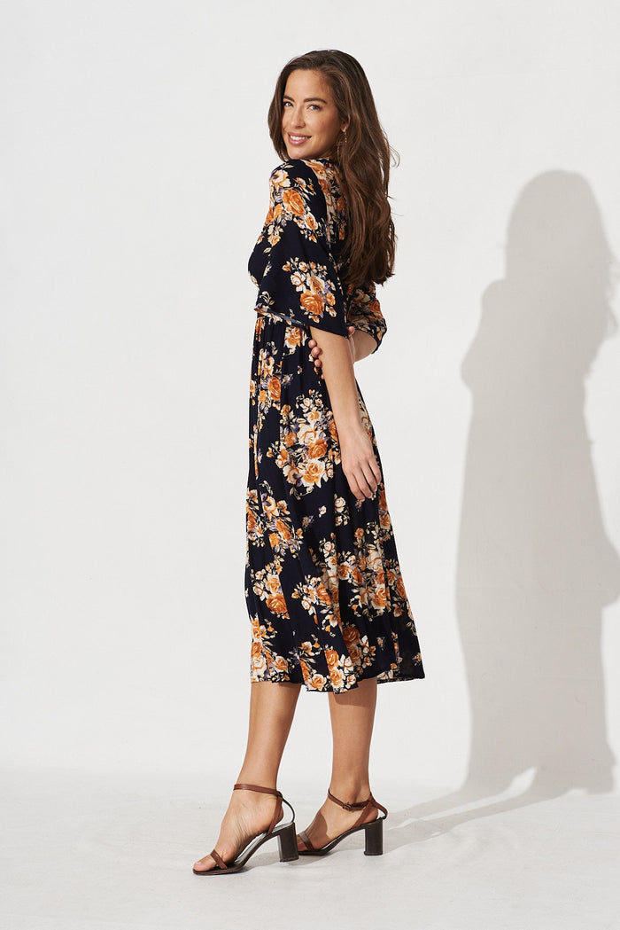 Aviva Midi Dress In Navy With Orange Floral - St Frock (Dev)