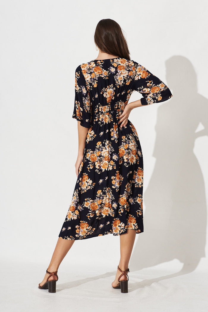 Aviva Midi Dress In Navy With Orange Floral - St Frock (Dev)