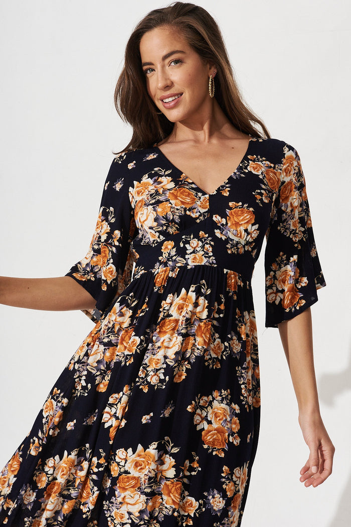 Aviva Midi Dress In Navy With Orange Floral - St Frock (Dev)
