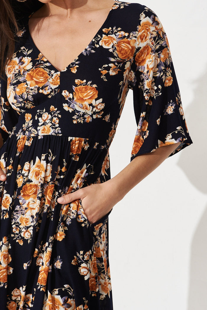 Aviva Midi Dress In Navy With Orange Floral - St Frock (Dev)