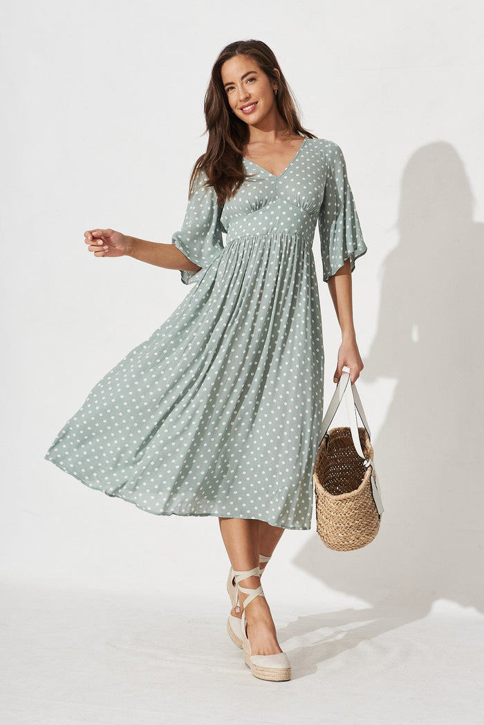 Aviva Midi Dress in Sage with White Speckle - full length