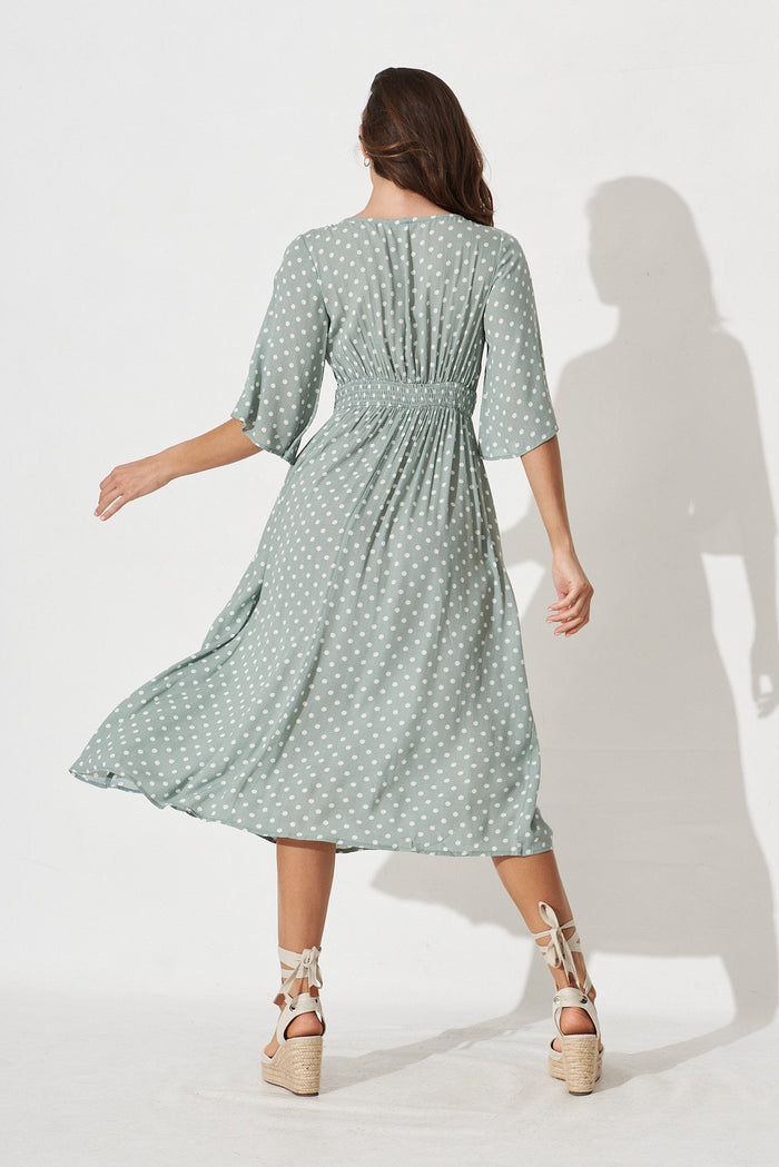 Aviva Midi Dress in Sage with White Speckle - back