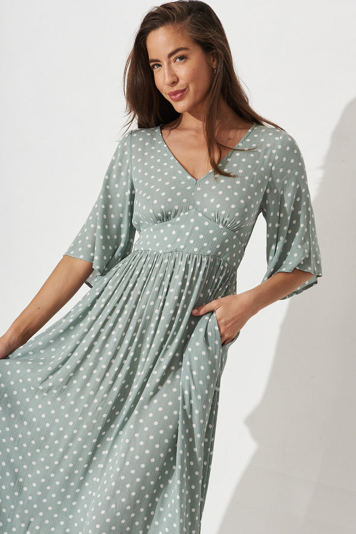 Aviva Midi Dress in Sage with White Speckle - front