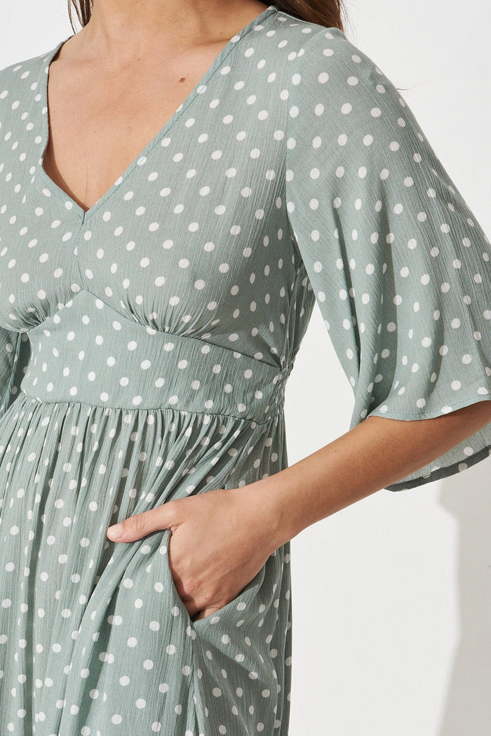 Aviva Midi Dress in Sage with White Speckle - detail