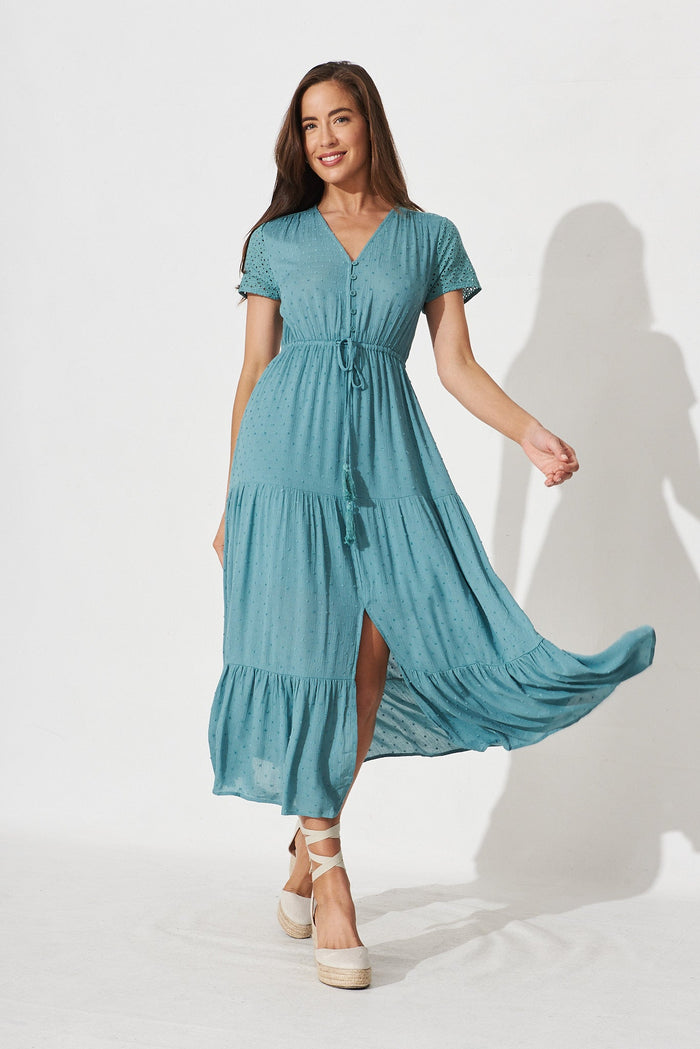 Wafia Maxi Dress In Dusty Teal Swiss Dot - full length