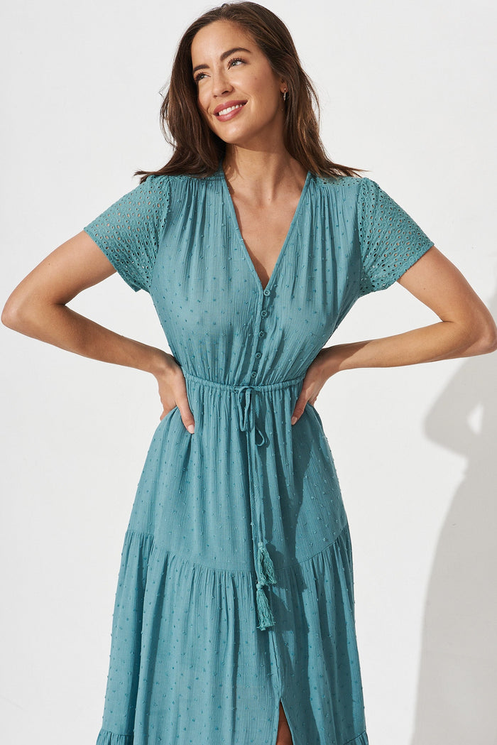 Wafia Maxi Dress In Dusty Teal Swiss Dot - front
