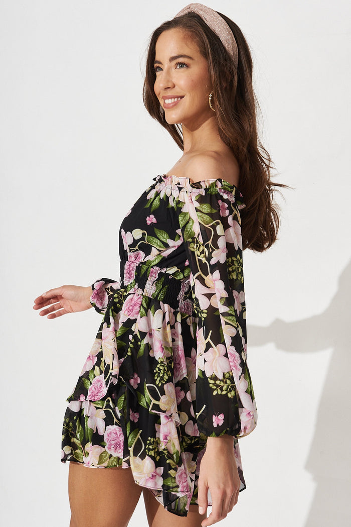 Dalena Playsuit In Black With Blush Floral - side
