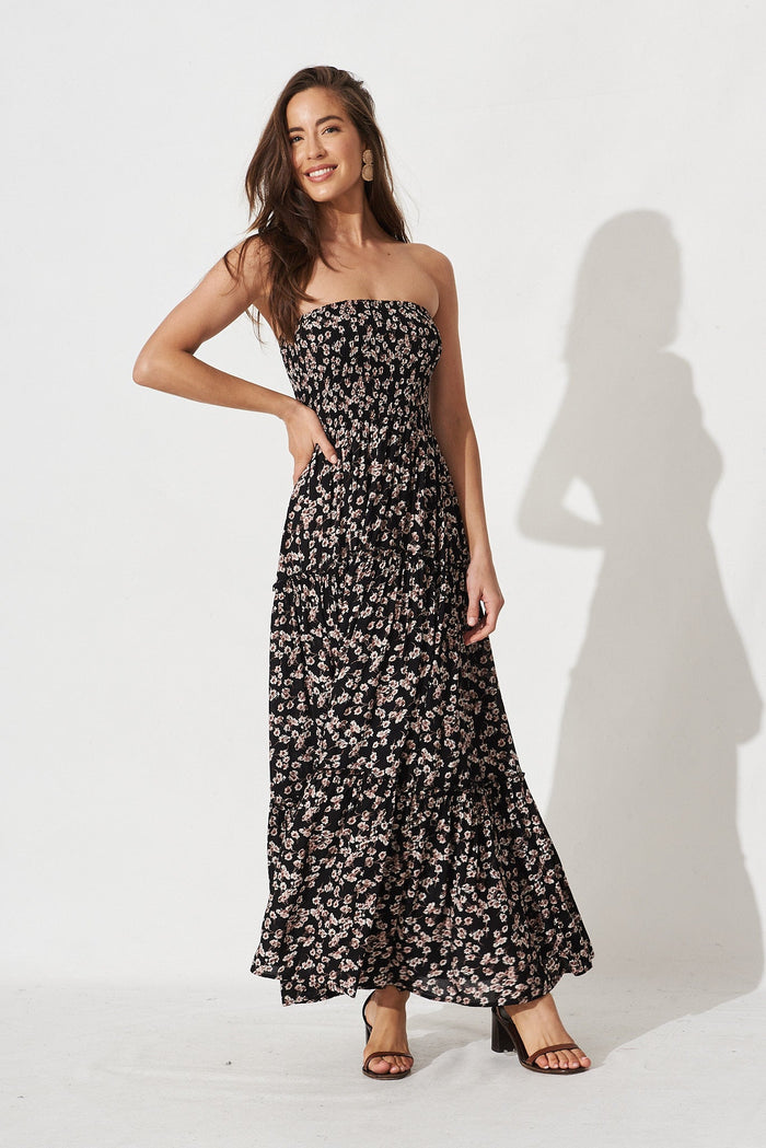 Desert Dream Maxi Dress In Black with Brown Floral - full length