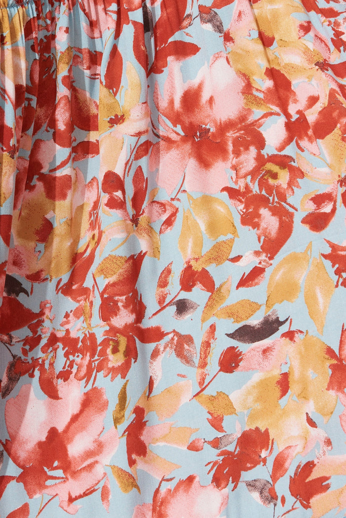 Desert Dream Maxi Dress In Blue with Red Floral - fabric