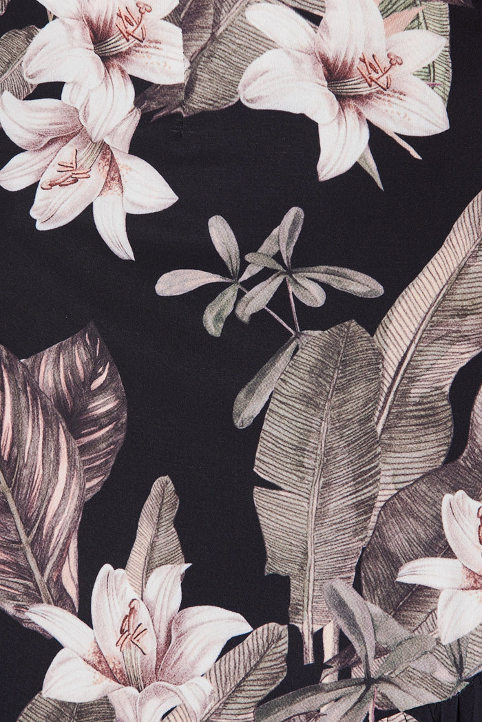 Relic Wrap Dress In Black Tropical Floral - fabric