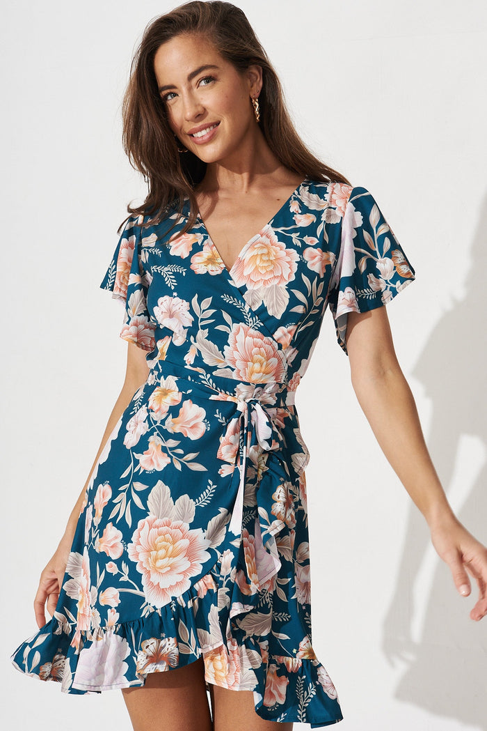 Relic Wrap Dress In Teal Floral - front