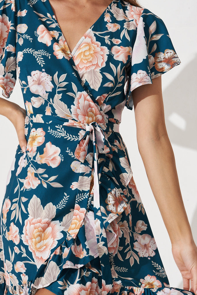 Relic Wrap Dress In Teal Floral - detail
