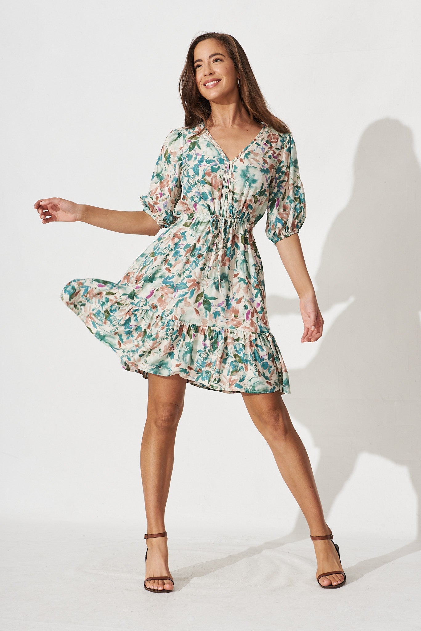 Alice Dress In White With Teal Floral - St Frock (Dev)