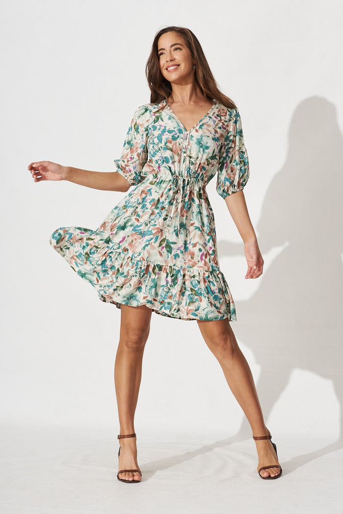 Alice Dress In White With Teal Floral - St Frock (Dev)