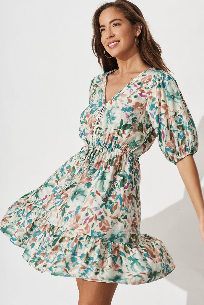 Alice Dress In White With Teal Floral - St Frock (Dev)