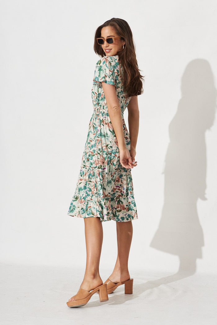 David Dress In White With Teal Floral - side