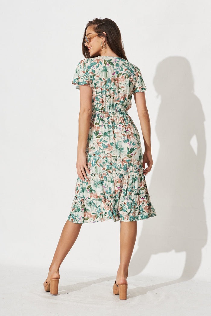 David Dress In White With Teal Floral - back