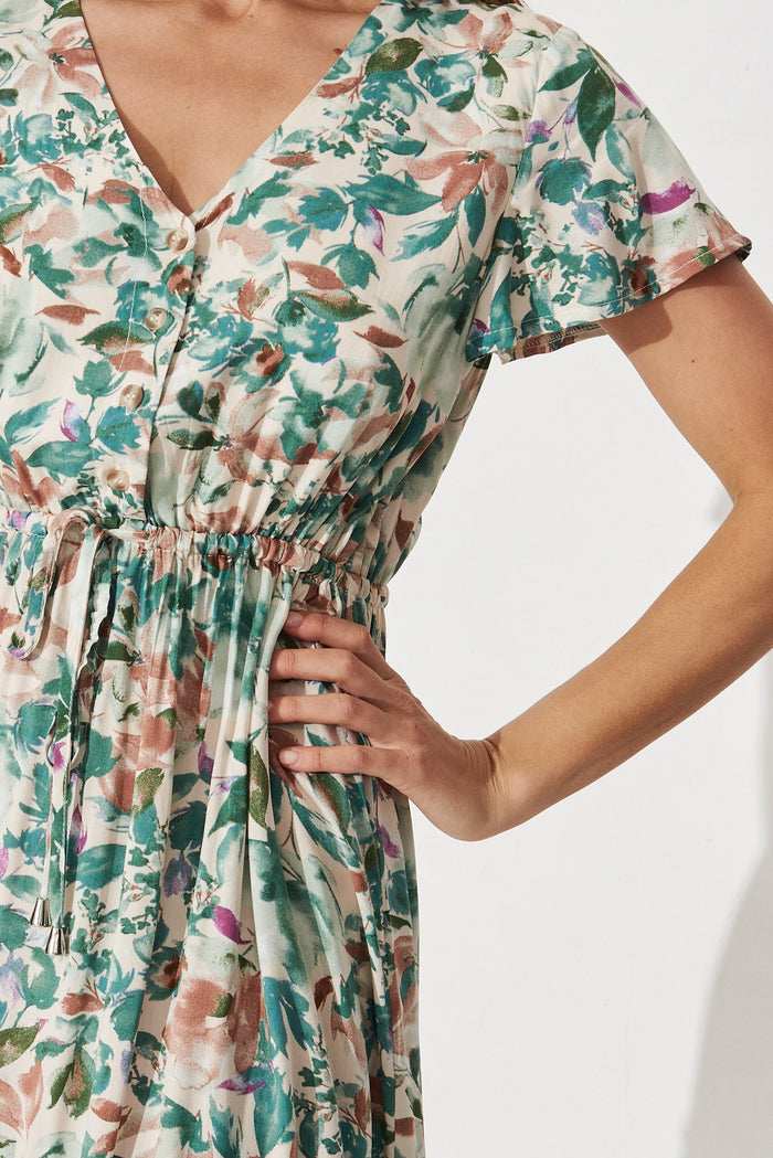 David Dress In White With Teal Floral - detail