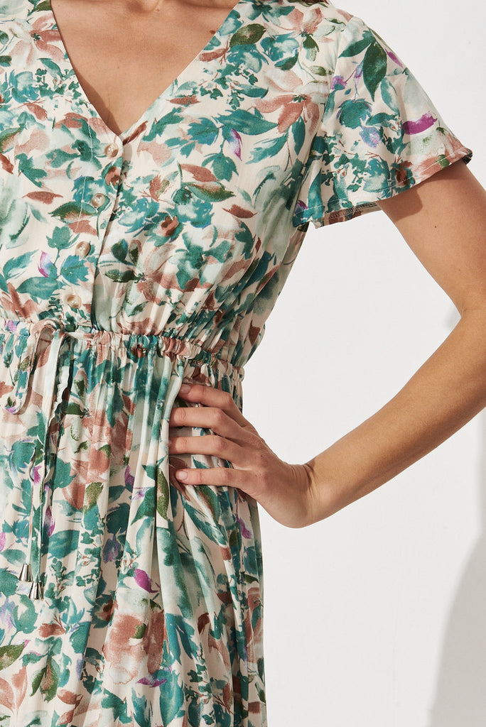 David Dress In White With Teal Floral - detail