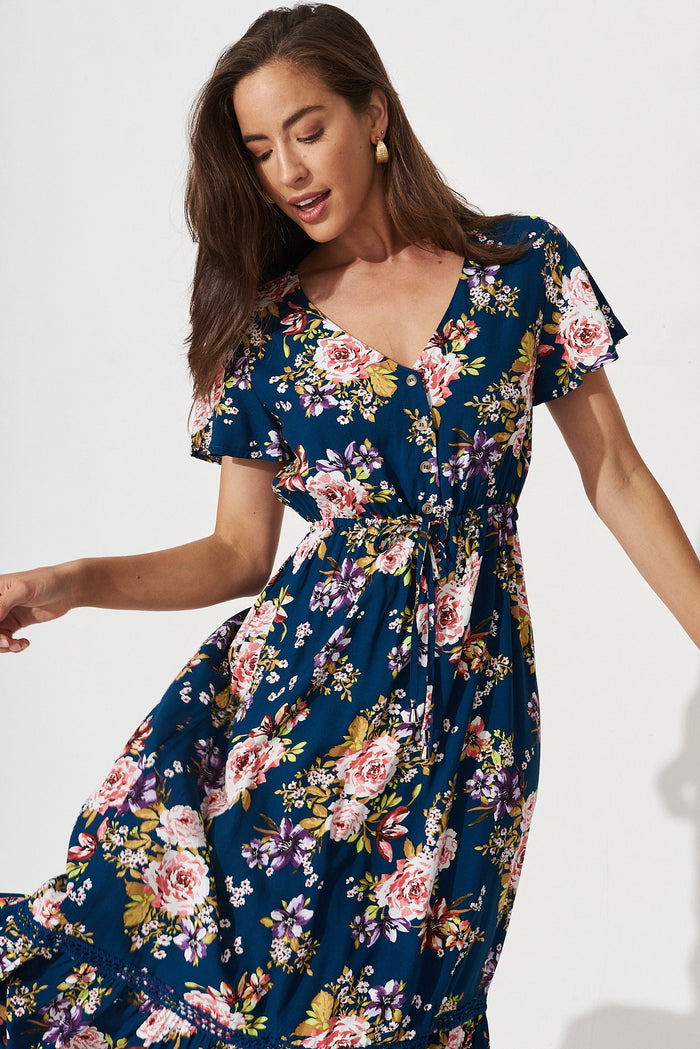 Lolana Maxi Dress In Teal Floral - front