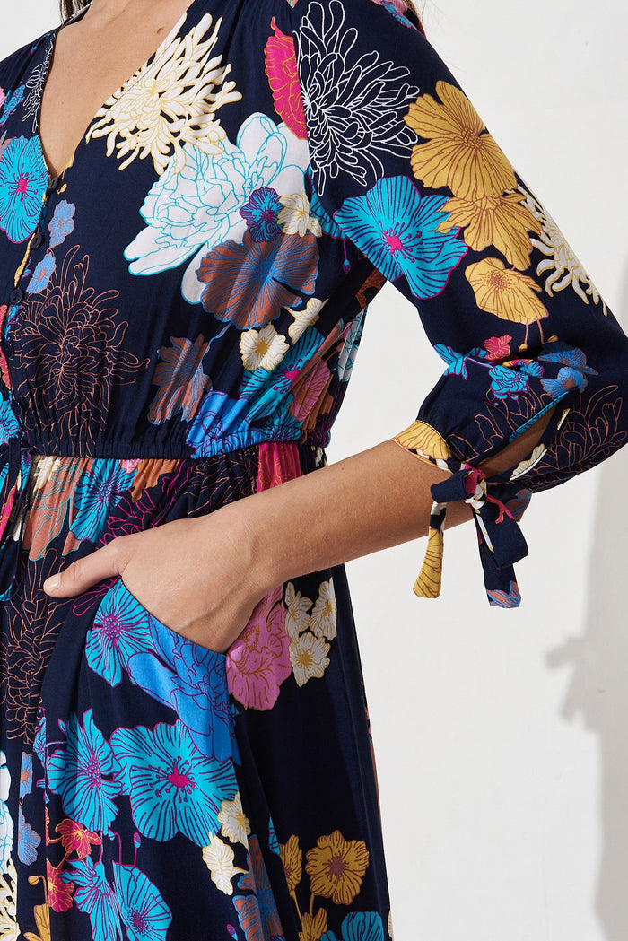 Rocha Maxi Dress In Navy With Multi Floral - detail