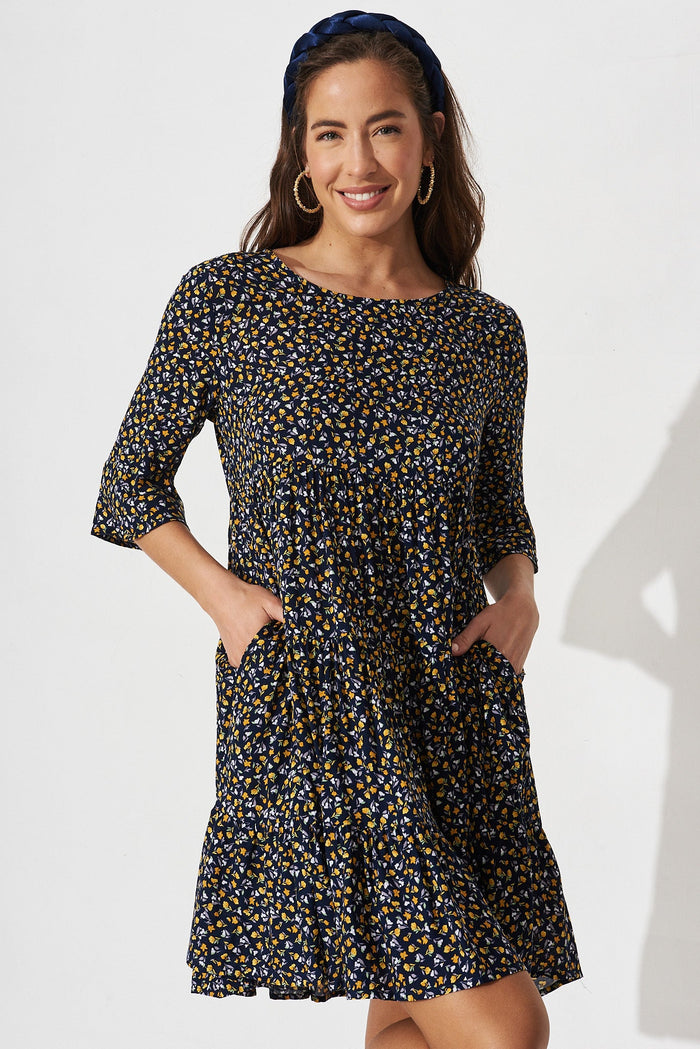 Darellie Smock Dress In Navy With Yellow Floral - front