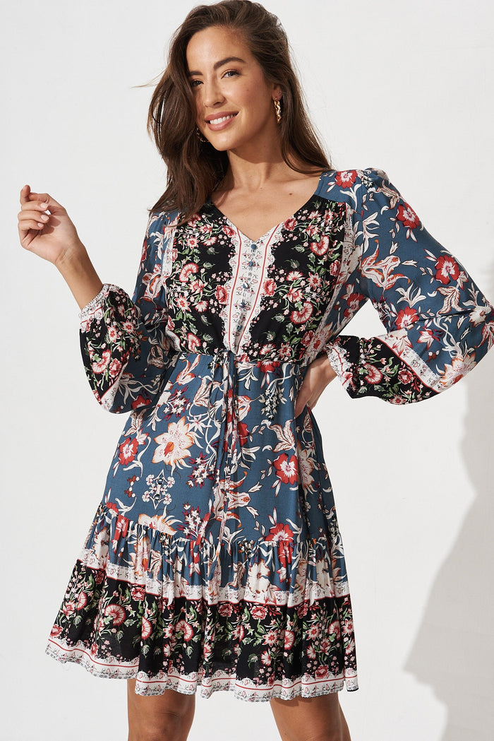 Coralie Dress In Steel Blue Boho Floral - front