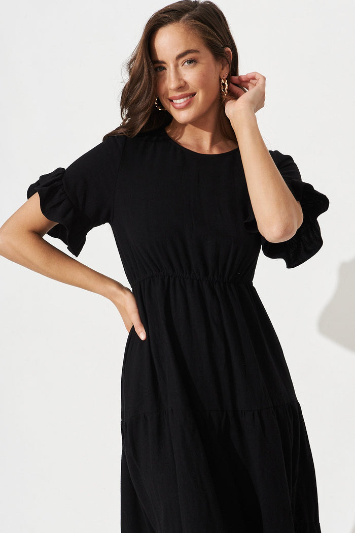 Karie Midi Dress In Black Linen Blend - front