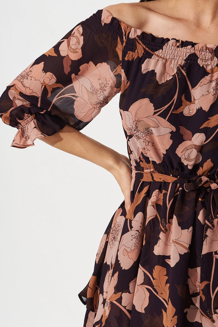 Amorety Dress In Navy Blush Floral Chiffon - detail