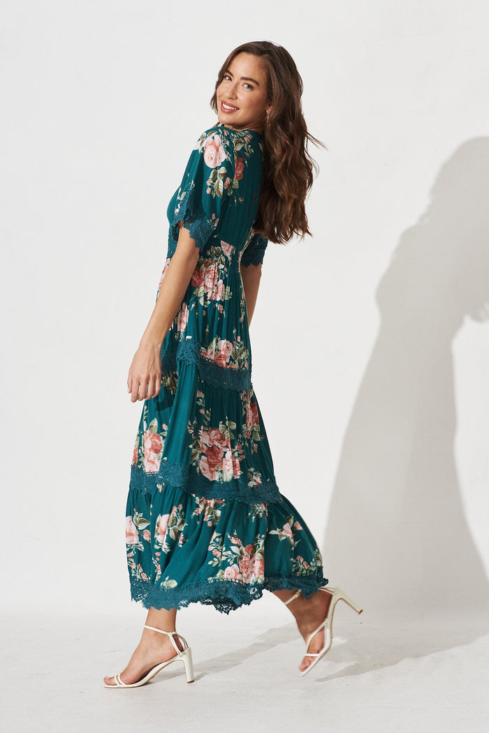 Mona Maxi Dress in Teal with Coral Floral - side