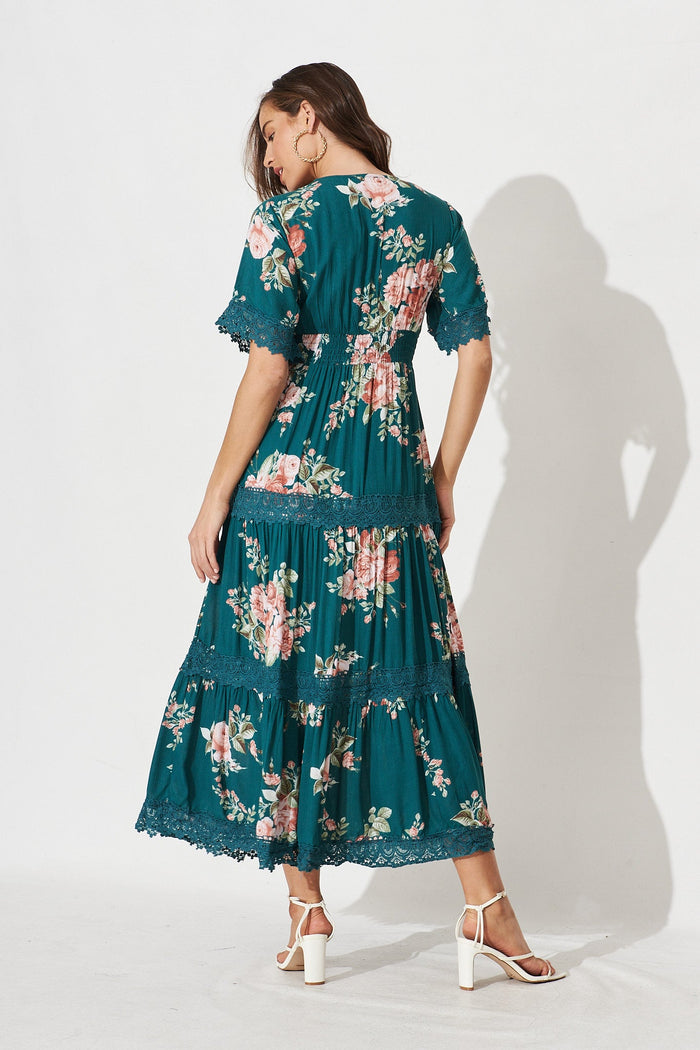 Mona Maxi Dress in Teal with Coral Floral - back