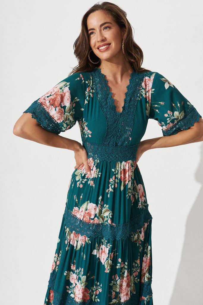 Mona Maxi Dress in Teal with Coral Floral - front