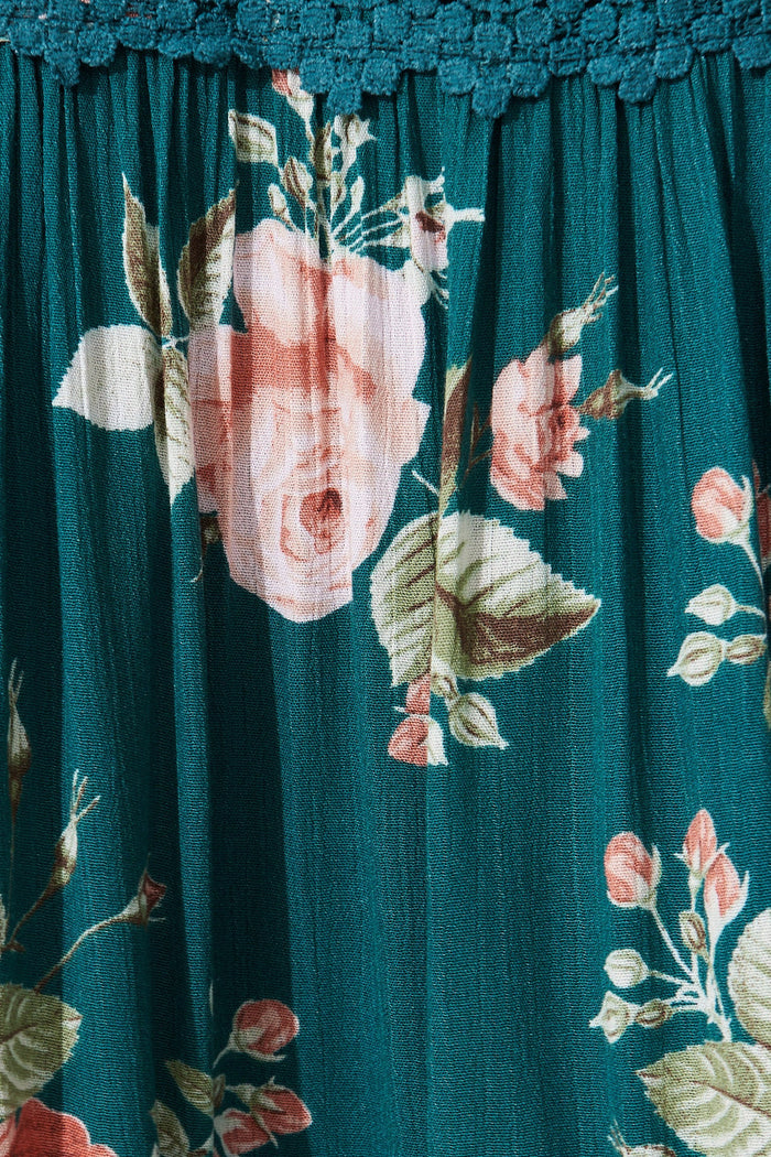 Mona Maxi Dress in Teal with Coral Floral - fabric