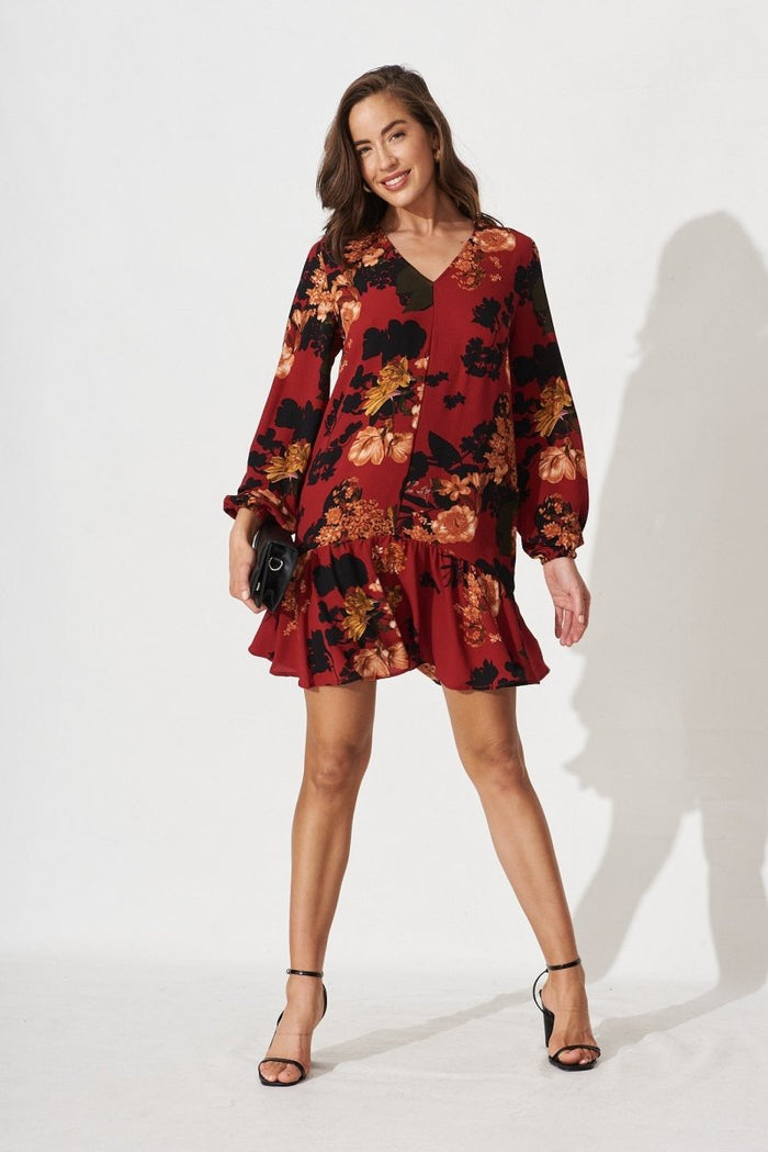 Catania Shift Dress In Red With Black Floral - St Frock (Dev)